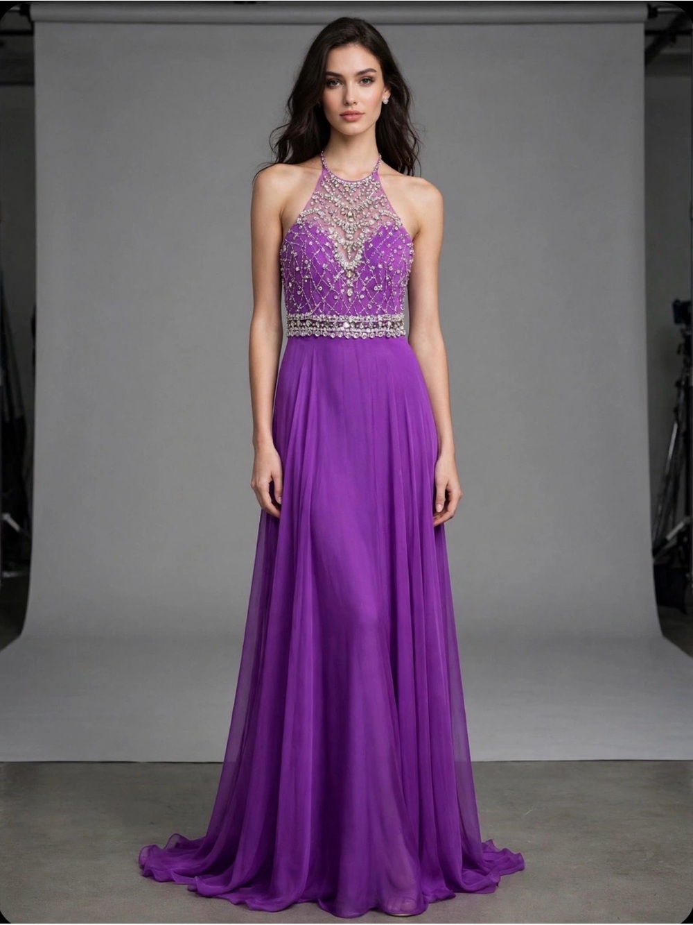 Halter Beaded Chiffon Prom Dress in Purple
